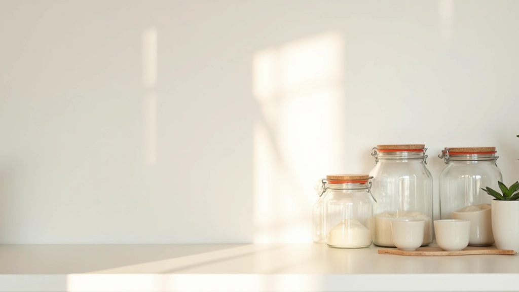 Detalhe de prateleiras minimalistas com potes de vidro alinhados, organização simétrica