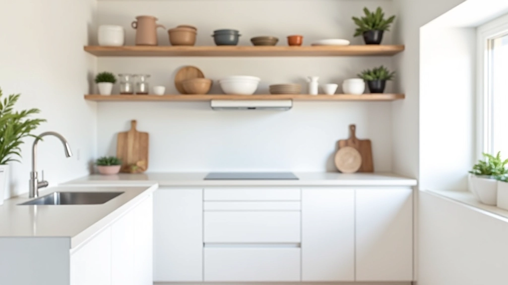 Cozinha compacta com prateleiras abertas e organização minimalista