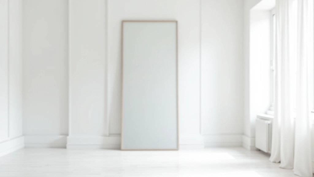 Espelho grande do chão ao teto numa parede branca, refletindo janela e luz natural, sala minimalista
