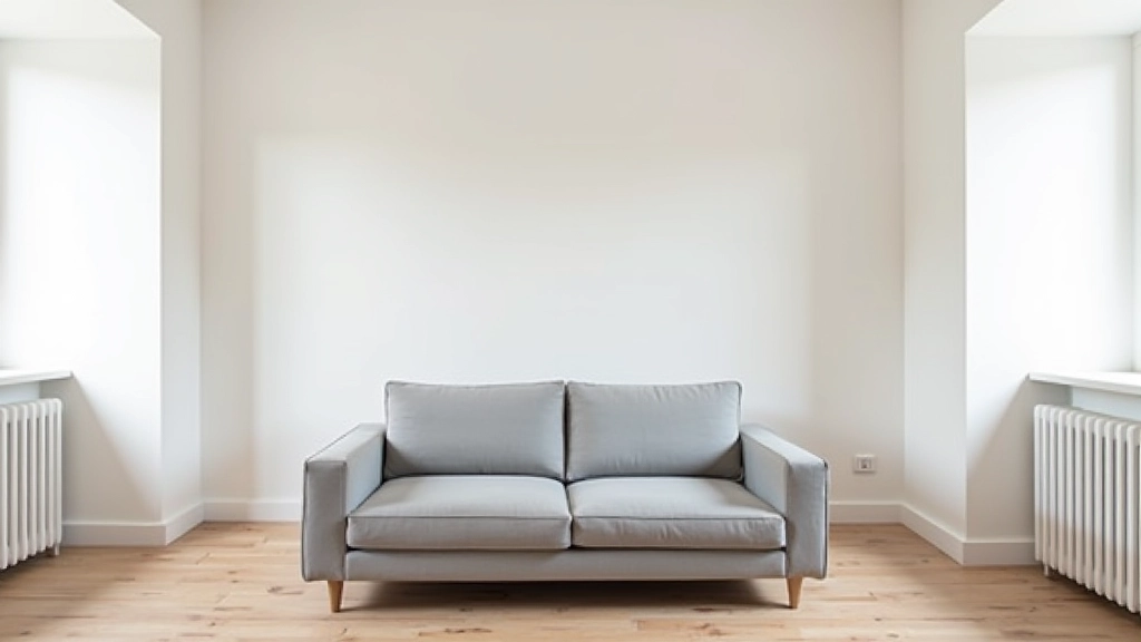 Sala minimalista em casarão com sofá simples cinzento, molduras históricas preservadas nas paredes, piso em madeira, teto alto branco