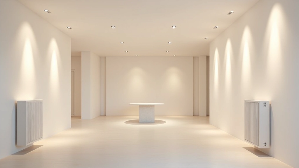 Sala minimalista com múltiplas fontes de luz, spots embutidos e apliques nas paredes, iluminação estratégica