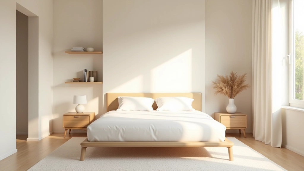 Quarto minimalista com cama simples, paredes neutras e prateleiras limpas