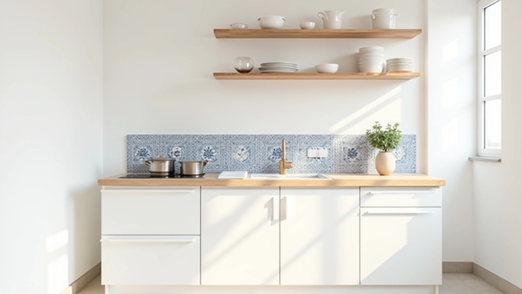 Cozinha de casarão com bancada minimalista em madeira clara, azulejos tradicionais portugueses preservados, armários limpos sem puxadores