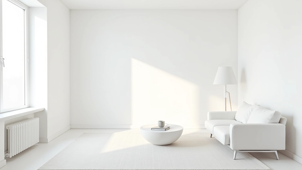 Sala de estar limpa e espaçosa com móveis minimalistas e paredes brancas