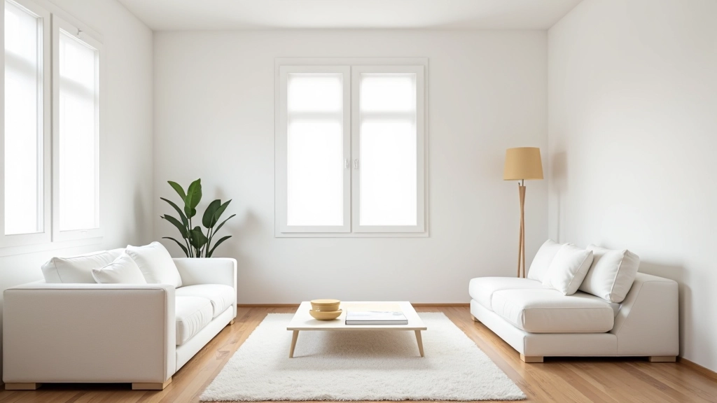 Sala de estar minimalista com paredes brancas, móveis simples e muito espaço aberto