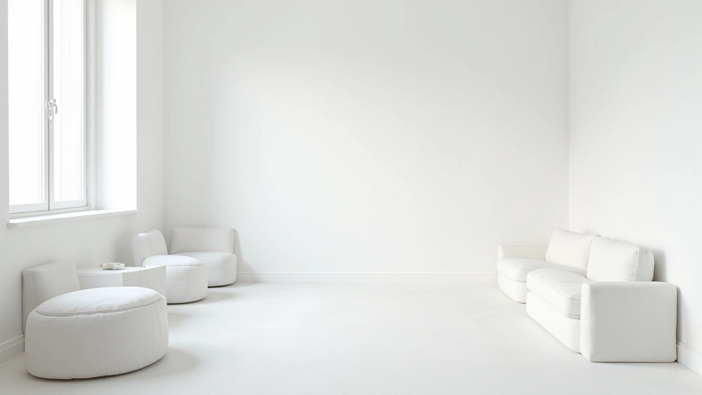 Parede pintada em branco puro com móvel baixo cinza claro, luz natural suave, espaço parece expansivo