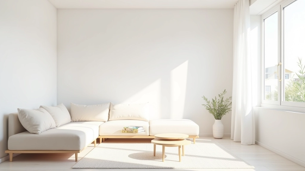 Sala de estar minimalista com móveis simples, paredes brancas e muita luz natural
