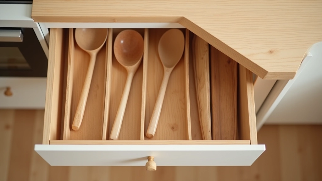 Gavetas de cozinha com organizadores de madeira natural, separadores de utensílios